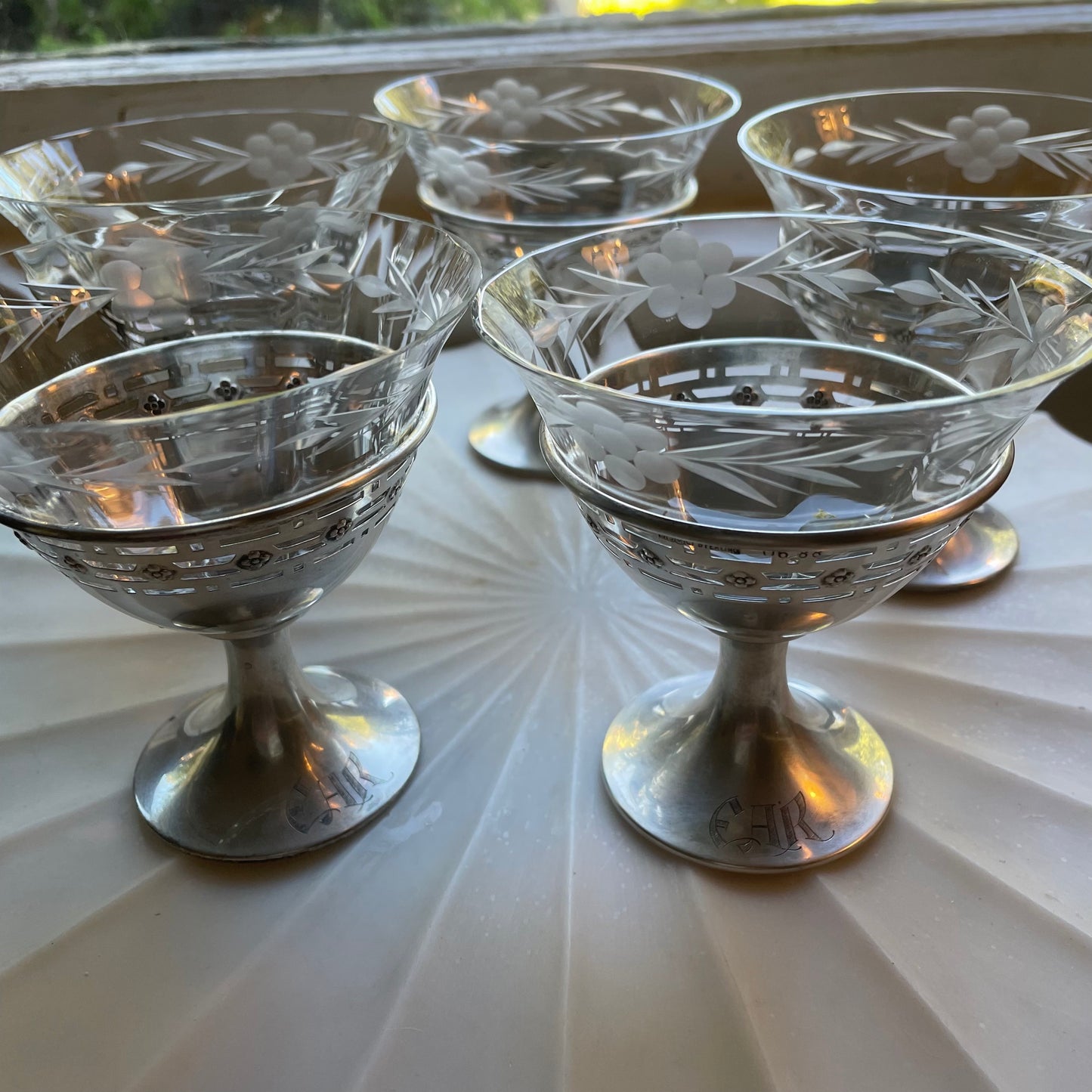 SET OF 5 STERLING AND CRYSTAL SHERBET GLASSES